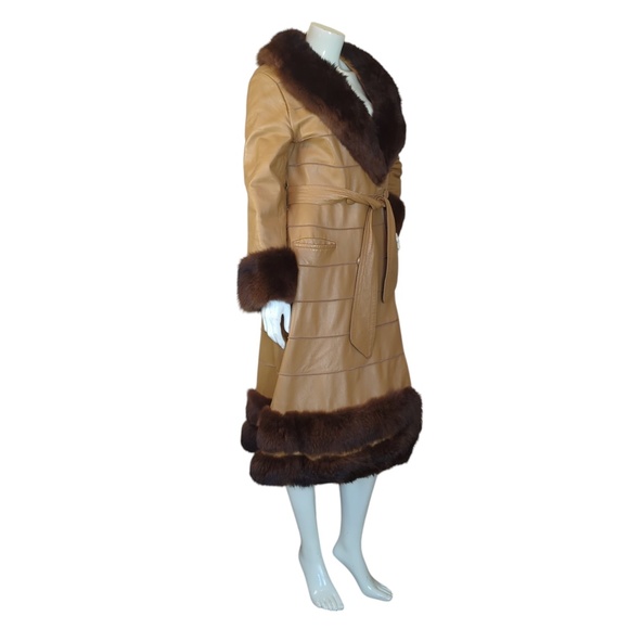 Vintage 70s Tan Leather Belted Coat Brown Faux Fur Trim | Boho Glam Statement - Picture 3 of 16
